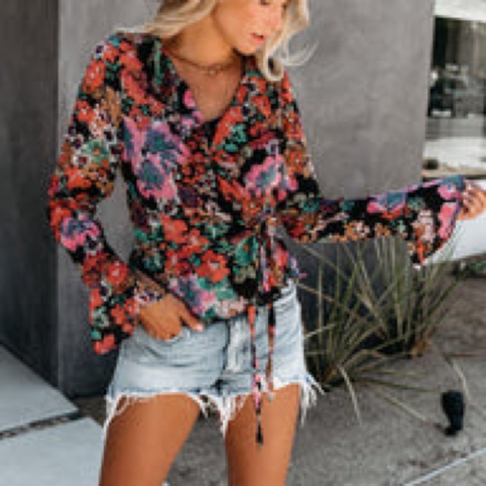 If By Sea Ruffle Floral Wrap Blouse